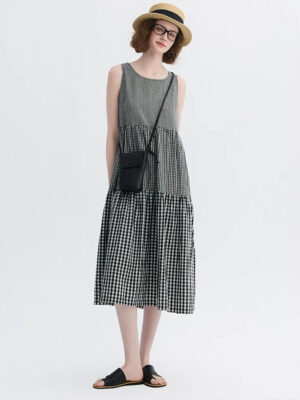 Gingham Patchwork Linen Sleeveless Dress