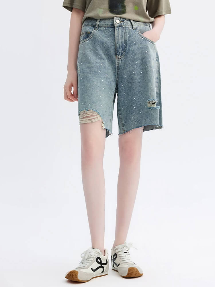 Distressed Diamond Straight Leg Denim Shorts